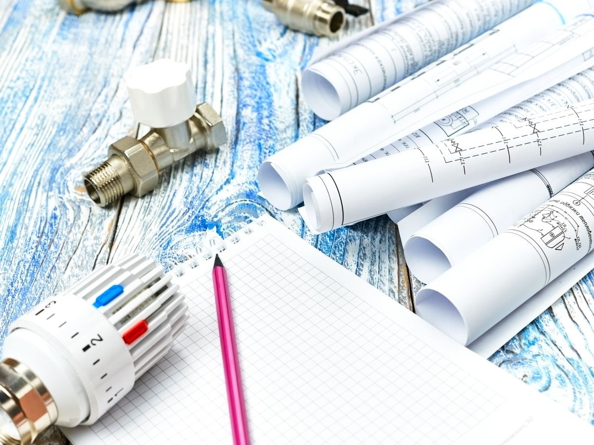 Engineering heating. Concept Heating. Project of heating for house. thermostatic valve, copper fitting Engineering heating. Concept Heating. Project of heating for house. thermostatic valve, copper fitting